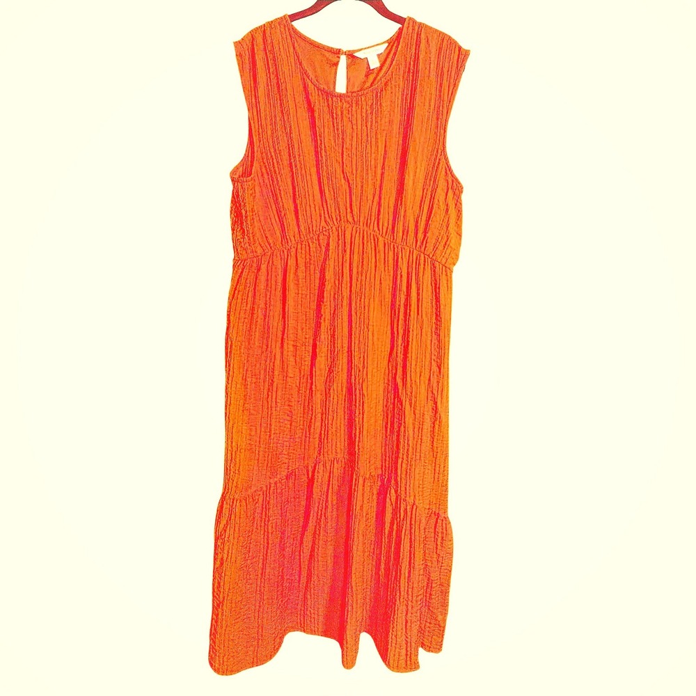 Nine West Tiered Maxi Dress Women's XL Red-Orange Good Sleeveless Waist Textured